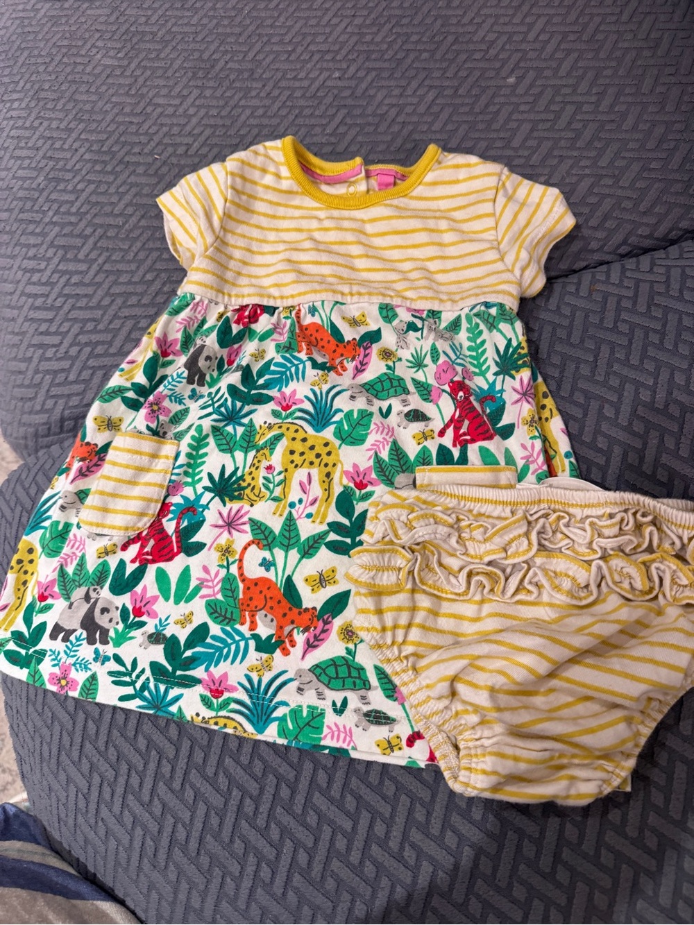 Baby Boden Yellow Stripe Dress with Jungle Animal Print and Bloomers